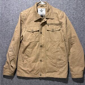 Wenven Canvas Utility Jacket Mens Small tan brown full zip pockets lined Army